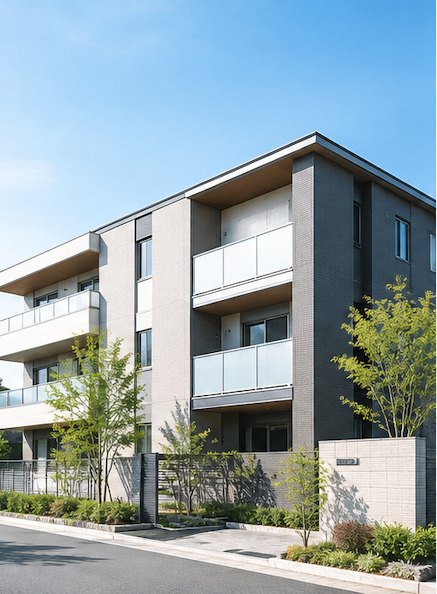緑に囲まれた賃貸マンションの外観